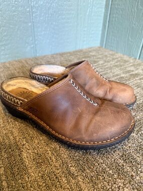 UGG Chestnut Leather Braided-Trim Clogs